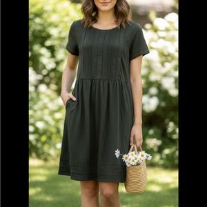 J. Jill Olive Green Relaxed Slip Dress Short Sleeves Cotton Blend Size Medium